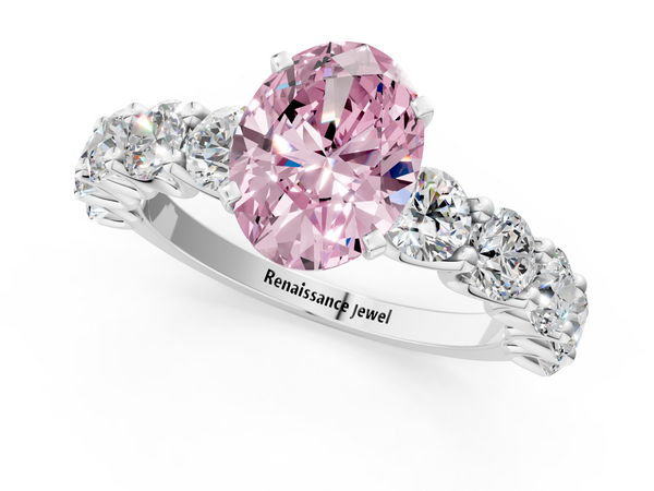 Platinum Fancy Pink Oval Cut Diamond Prong Setting with Side Stones on a Pave Band