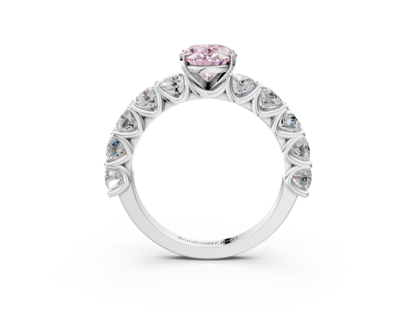 Platinum Fancy Pink Oval Cut Diamond Prong Setting with Side Stones on a Pave Band