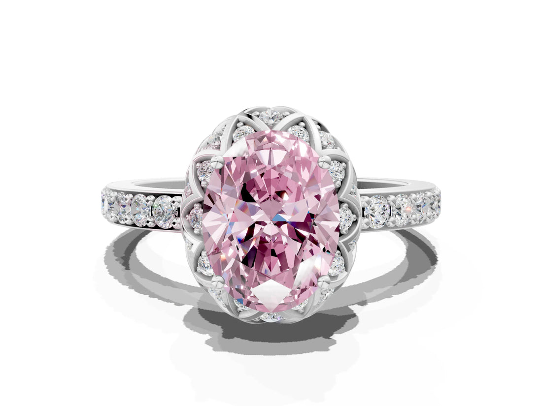 White gold Fancy Pink Oval  Diamond Solitaire Ring with Shared Prong Pavé Band_66