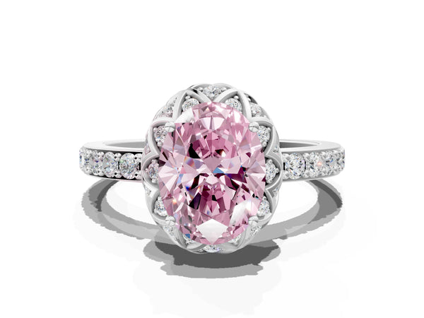 Platinum Fancy Pink Oval  Diamond Solitaire Ring with Shared Prong Pavé Band