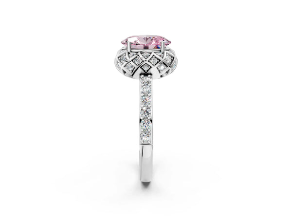 Platinum Fancy Pink Oval  Diamond Solitaire Ring with Shared Prong Pavé Band