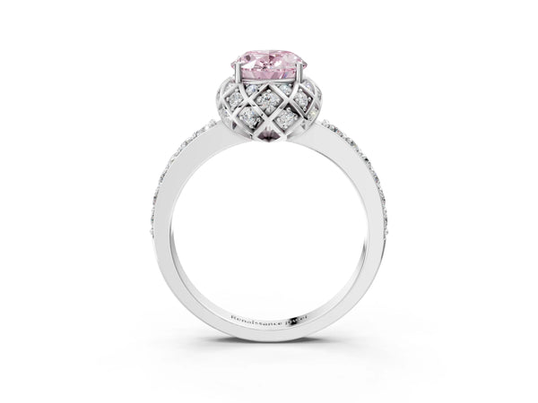 Platinum Fancy Pink Oval  Diamond Solitaire Ring with Shared Prong Pavé Band