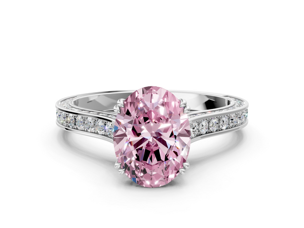 White gold Fancy Pink Oval  Diamond Solitaire with Pave Band and Six-Prong Setting