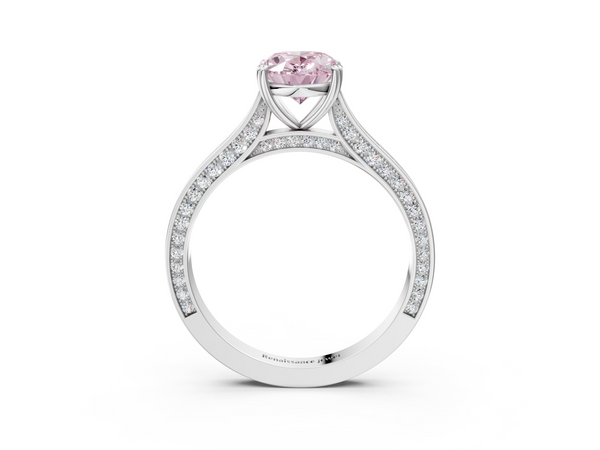 White gold Fancy Pink Oval  Diamond Solitaire with Pave Band and Six-Prong Setting