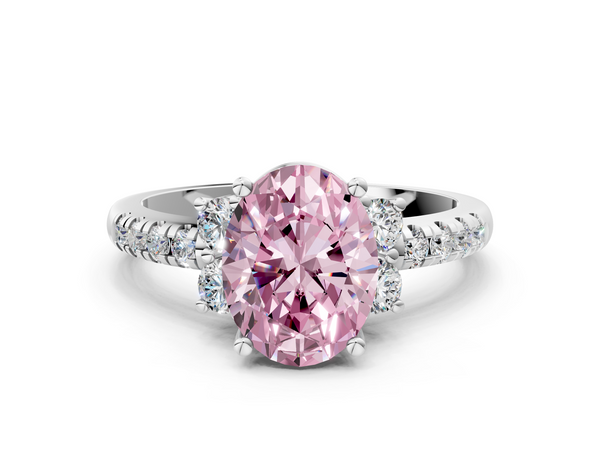 White gold Fancy Pink Oval  Diamond Three-Stone Pave Band with Four-Prong Setting