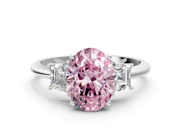 Platinum Fancy Pink Oval  Diamond Three-Stone Ring with Trapezoid Side Stones and Prong Setting