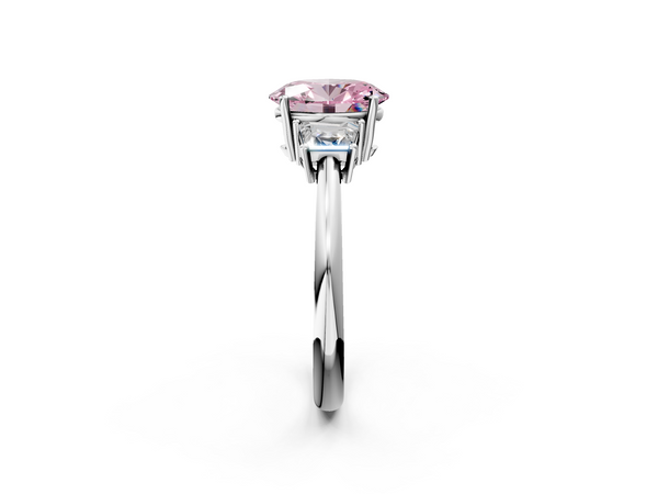 Platinum Fancy Pink Oval  Diamond Three-Stone Ring with Trapezoid Side Stones and Prong Setting