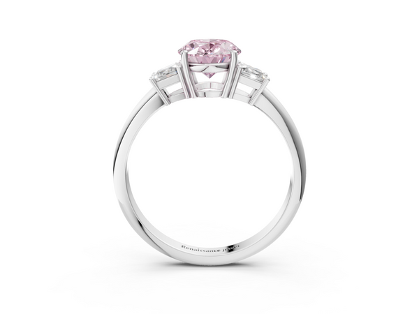 Platinum Fancy Pink Oval  Diamond Three-Stone Ring with Trapezoid Side Stones and Prong Setting