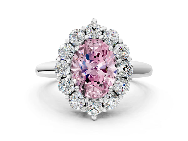 Platinum Fancy Pink Oval  Halo Cluster Diamond Engagement Ring with Prong Setting and Polished Band