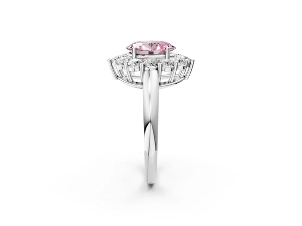 Platinum Fancy Pink Oval  Halo Cluster Diamond Engagement Ring with Prong Setting and Polished Band