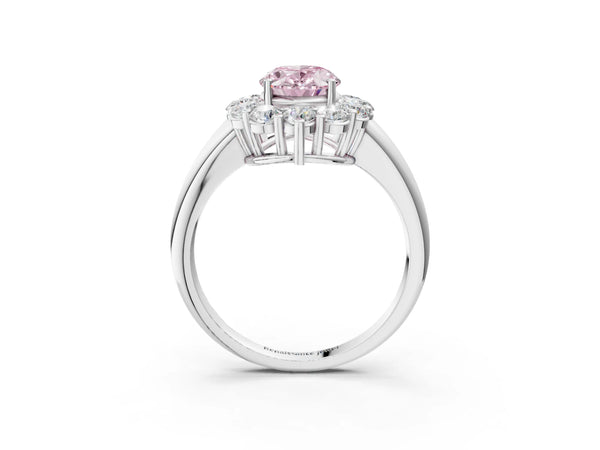 Platinum Fancy Pink Oval  Halo Cluster Diamond Engagement Ring with Prong Setting and Polished Band