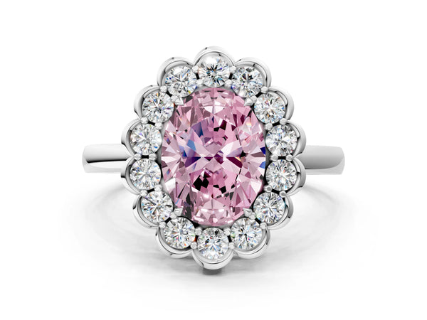 White gold Fancy Pink Oval  Halo Cluster Diamond Engagement Ring with Solitaire Band and Prong Setting