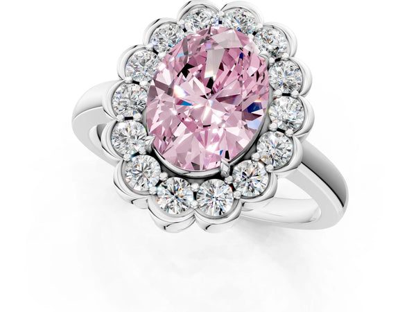 White gold Fancy Pink Oval  Halo Cluster Diamond Engagement Ring with Solitaire Band and Prong Setting