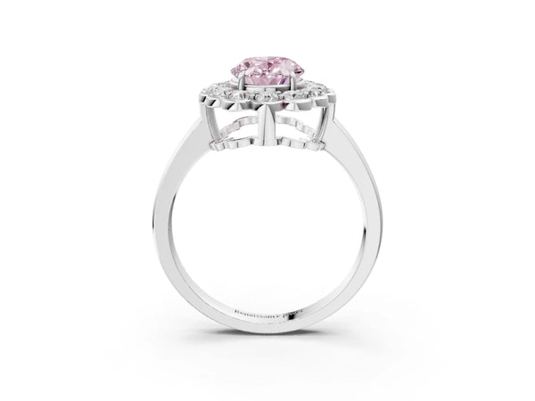 White gold Fancy Pink Oval  Halo Cluster Diamond Engagement Ring with Solitaire Band and Prong Setting