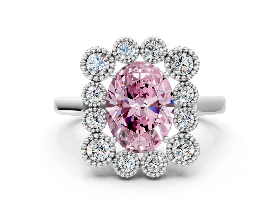 White gold Fancy Pink Oval  Halo Diamond Cluster Engagement Ring with Milgrain Bezel Setting and Solitaire Band_87