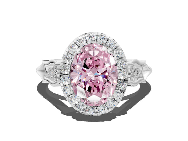 White gold Fancy Pink Oval  Halo Diamond Engagement Ring with Filigree Band and Four-Prong Setting
