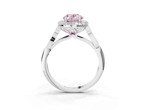 White gold Fancy Pink Oval  Halo Diamond Engagement Ring with Filigree Band and Four-Prong Setting
