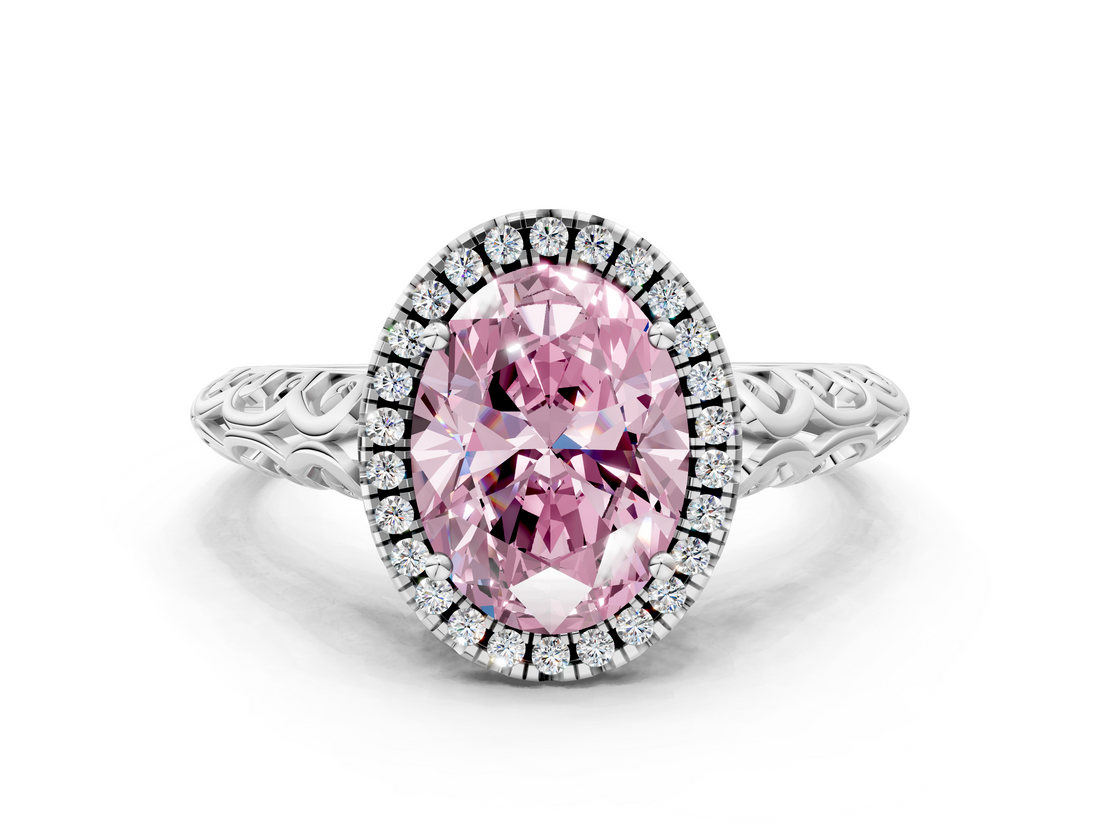 White gold Fancy Pink Oval  Halo Diamond Engagement Ring with Intricate Filigree Band and Four-Prong Setting_37
