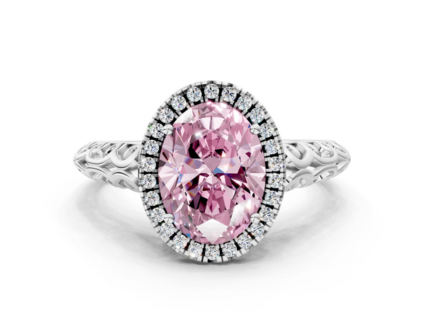Platinum Fancy Pink Oval  Halo Diamond Engagement Ring with Intricate Filigree Band and Four-Prong Setting