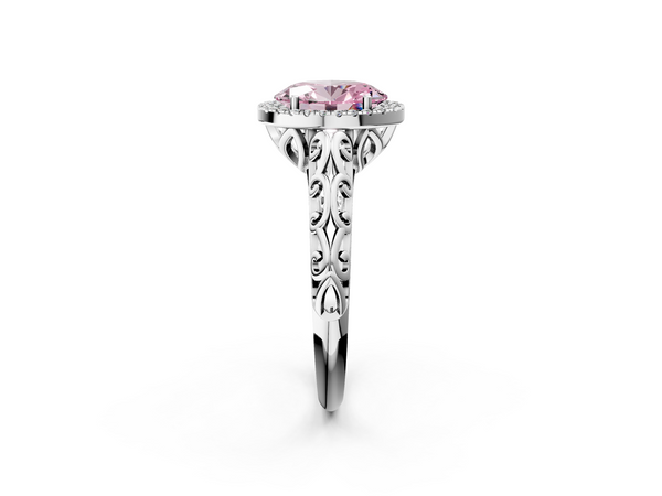 Platinum Fancy Pink Oval  Halo Diamond Engagement Ring with Intricate Filigree Band and Four-Prong Setting