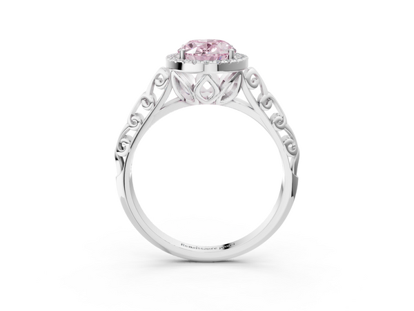 Platinum Fancy Pink Oval  Halo Diamond Engagement Ring with Intricate Filigree Band and Four-Prong Setting
