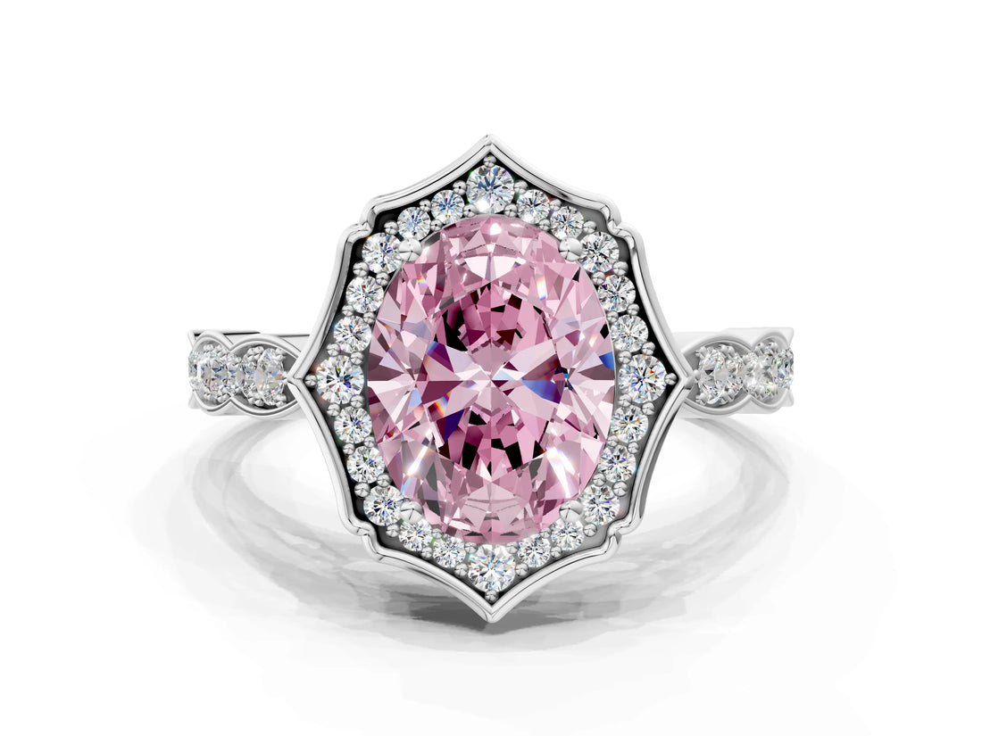 White gold Fancy Pink Oval  Halo Diamond Engagement Ring with Milgrain Band and Four-Prong Setting_65