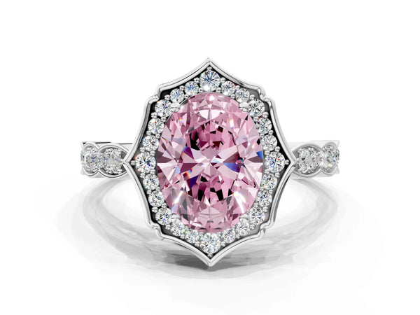 White gold Fancy Pink Oval  Halo Diamond Engagement Ring with Milgrain Band and Four-Prong Setting
