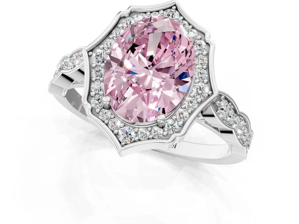 White gold Fancy Pink Oval  Halo Diamond Engagement Ring with Milgrain Band and Four-Prong Setting