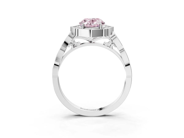 White gold Fancy Pink Oval  Halo Diamond Engagement Ring with Milgrain Band and Four-Prong Setting