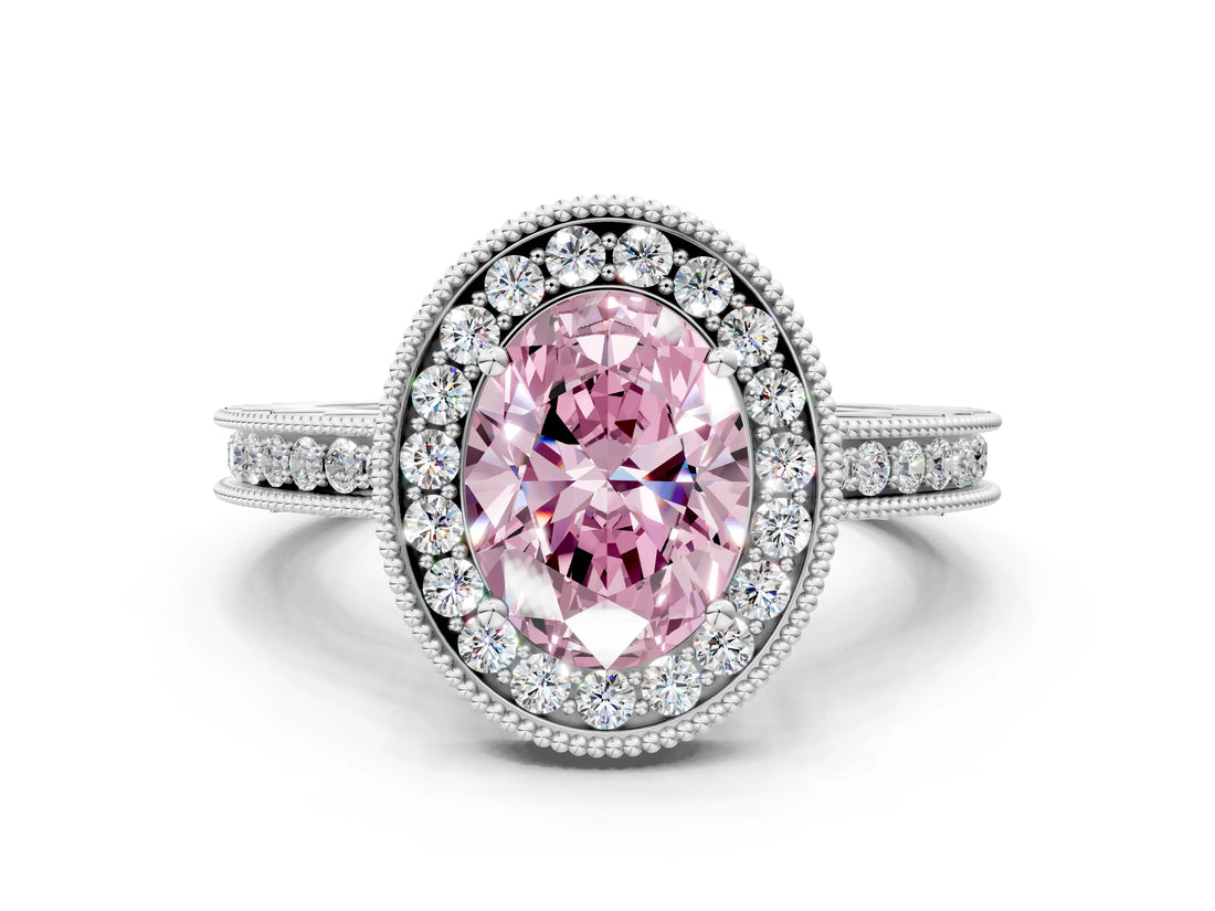 White gold Fancy Pink Oval  Halo Diamond Engagement Ring with Milgrain Pave Band and Four-Prong Setting_165