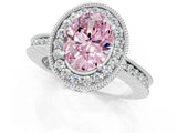 White gold Fancy Pink Oval  Halo Diamond Engagement Ring with Milgrain Pave Band and Four-Prong Setting_166