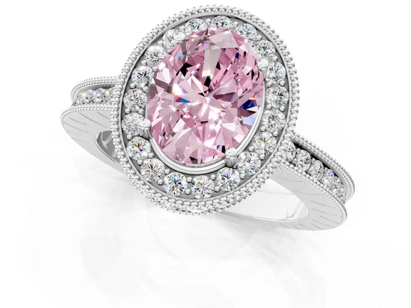 White gold Fancy Pink Oval  Halo Diamond Engagement Ring with Milgrain Pave Band and Four-Prong Setting