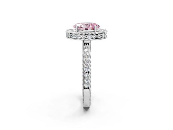 White gold Fancy Pink Oval  Halo Diamond Engagement Ring with Milgrain Pave Band and Four-Prong Setting