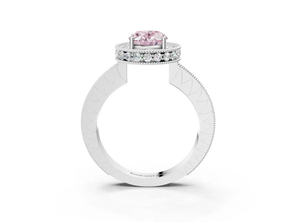 White gold Fancy Pink Oval  Halo Diamond Engagement Ring with Milgrain Pave Band and Four-Prong Setting