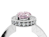 White gold Fancy Pink Oval  Halo Diamond Engagement Ring with Milgrain Pave Band and Four-Prong Setting_169