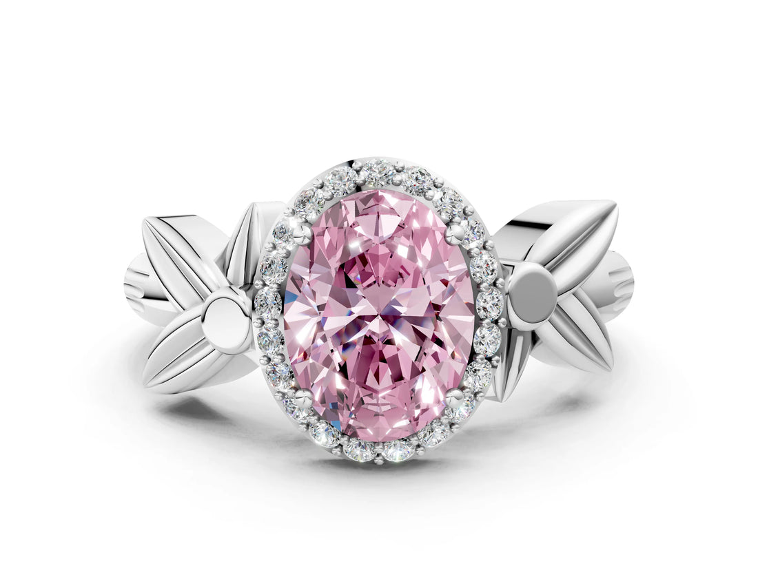 White gold Fancy Pink Oval  Halo Diamond Floral Band with Four-Prong Setting_55