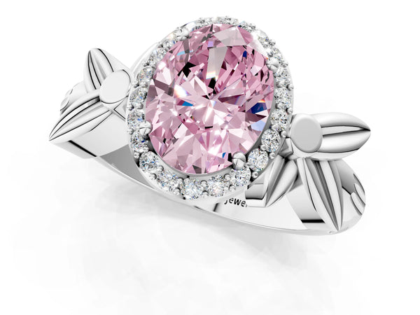 Platinum Fancy Pink Oval  Halo Diamond Floral Band with Four-Prong Setting