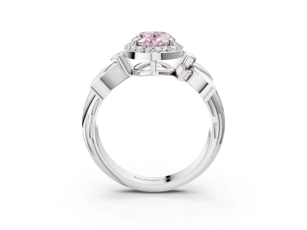 Platinum Fancy Pink Oval  Halo Diamond Floral Band with Four-Prong Setting