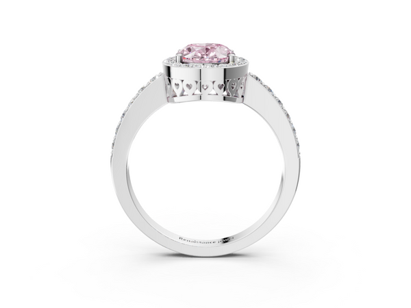 Platinum Fancy Pink Oval  Halo Diamond Pavé Band Ring with Prong Setting