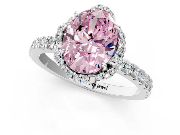 Platinum Fancy Pink Oval  Halo Diamond Pave Band Ring with Four-Prong Setting