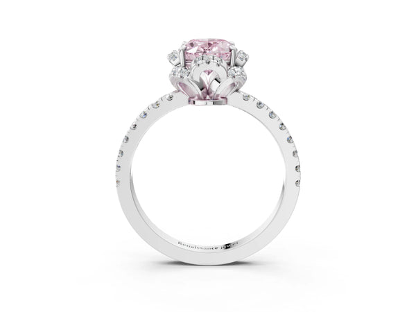 Platinum Fancy Pink Oval  Halo Diamond Pave Band Ring with Four-Prong Setting