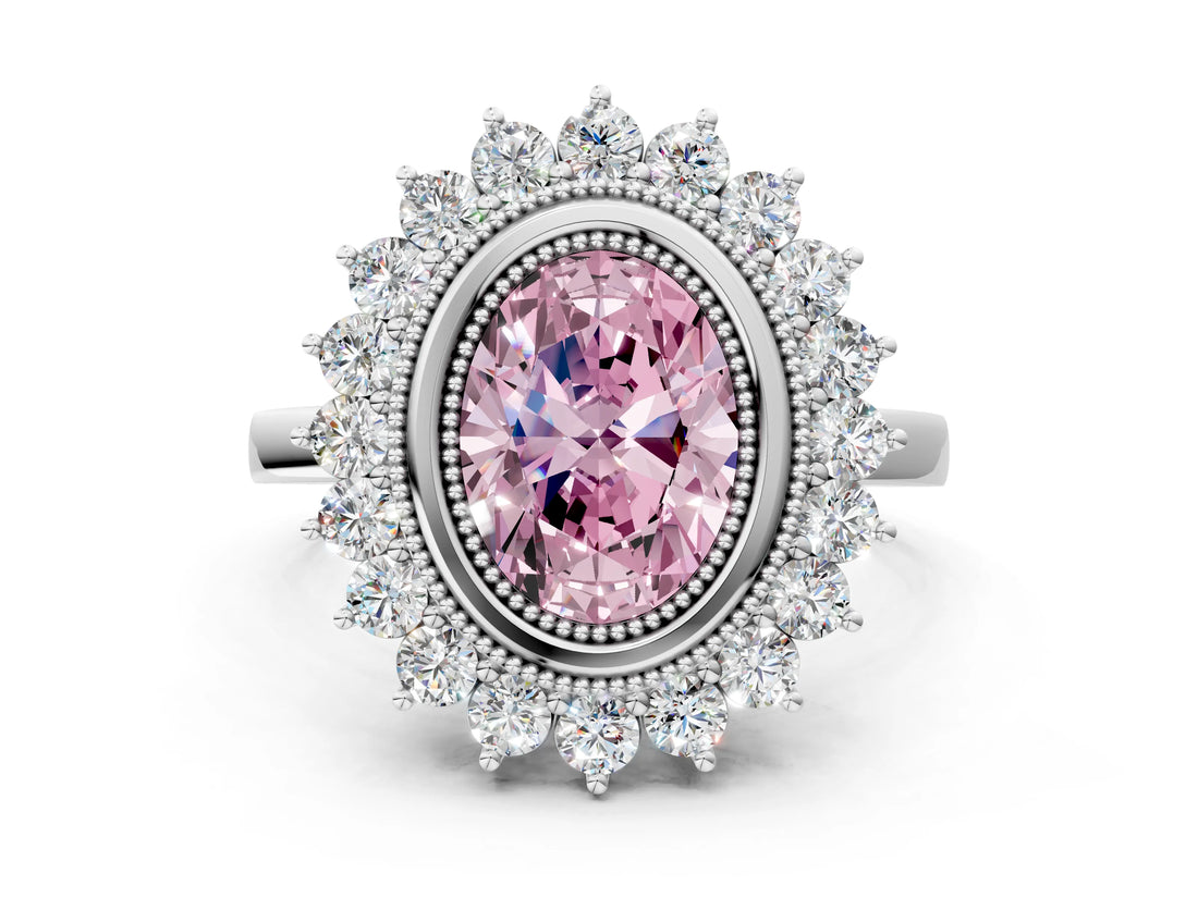 White gold Fancy Pink Oval  Halo Diamond Ring with Milgrain Edge and Round Prong Setting_37