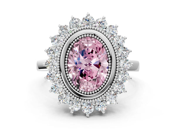 White gold Fancy Pink Oval  Halo Diamond Ring with Milgrain Edge and Round Prong Setting