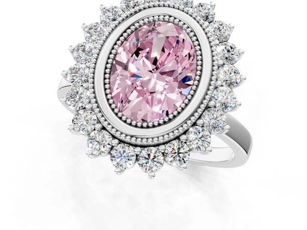 White gold Fancy Pink Oval  Halo Diamond Ring with Milgrain Edge and Round Prong Setting