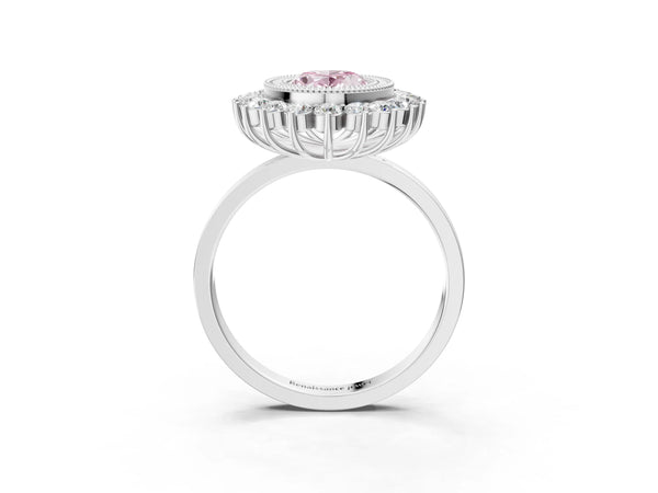 White gold Fancy Pink Oval  Halo Diamond Ring with Milgrain Edge and Round Prong Setting