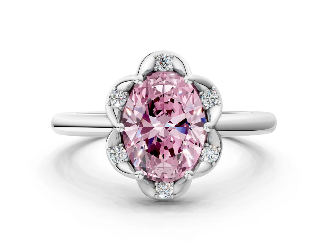 White gold Fancy Pink Oval  Halo Diamond Ring with Round Cluster Setting, Solitaire Band, and Four-Prong Setting_84