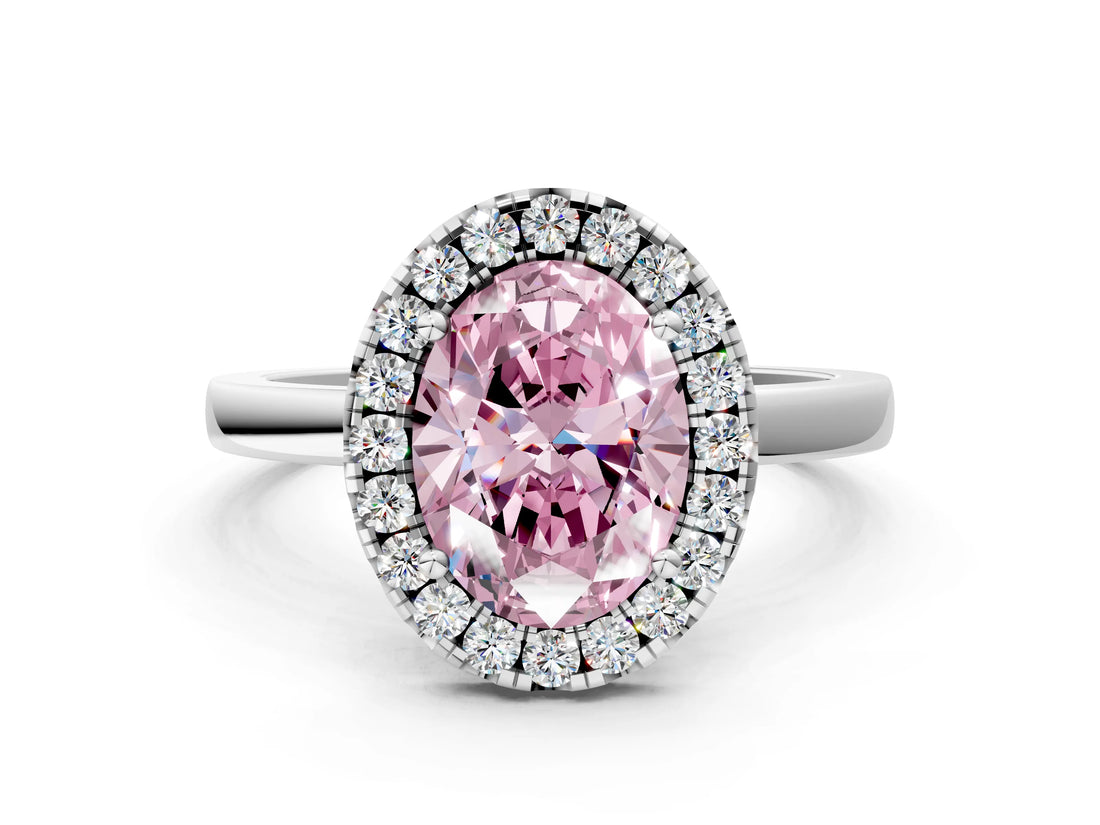 White gold Fancy Pink Oval  Halo Diamond Solitaire with Pavé Band and Four-Prong Setting_99