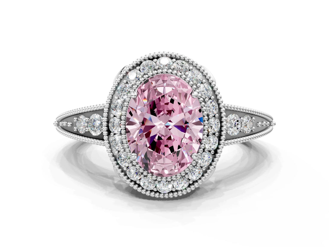White gold Fancy Pink Oval  Halo Diamond Split Shank Ring with Milgrain Detail_49