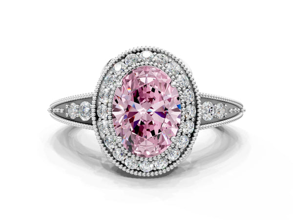 Platinum Fancy Pink Oval  Halo Diamond Split Shank Ring with Milgrain Detail