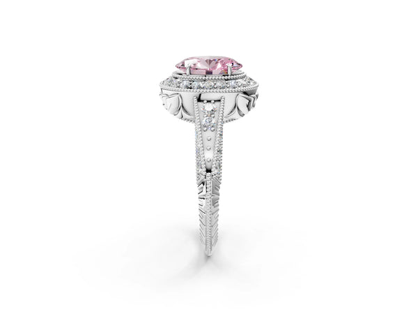 Platinum Fancy Pink Oval  Halo Diamond Split Shank Ring with Milgrain Detail